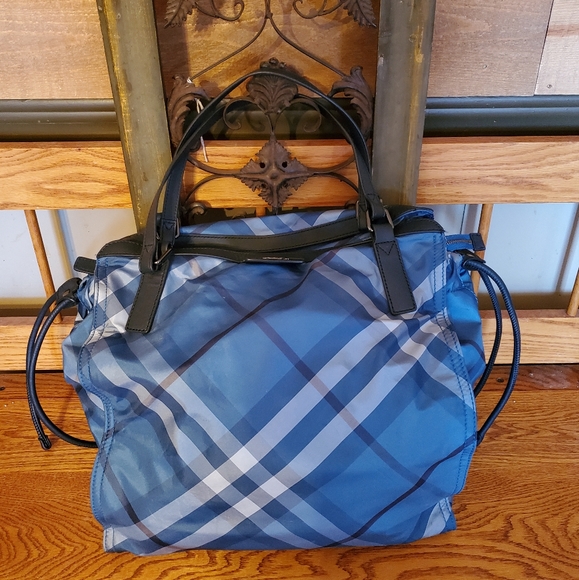 Burberry Blue & Black Plaid Nylon Tote Bag - Picture 3 of 16